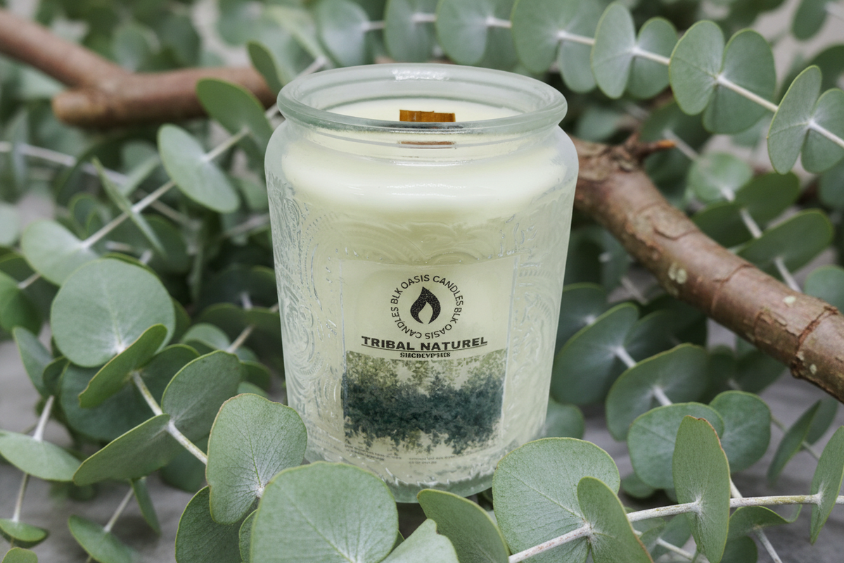 Tribal Natural Luxe Candle - BLK OASIS CANDLES - Tribal Naturel Luxe coconut-soy wood wick candle, hand-poured luxury home fragrance.  Vegan, paraben & phthalate free.  Tribal Naturel candle in a 8 ounce glass jar with eucalyptus leaves in the background.