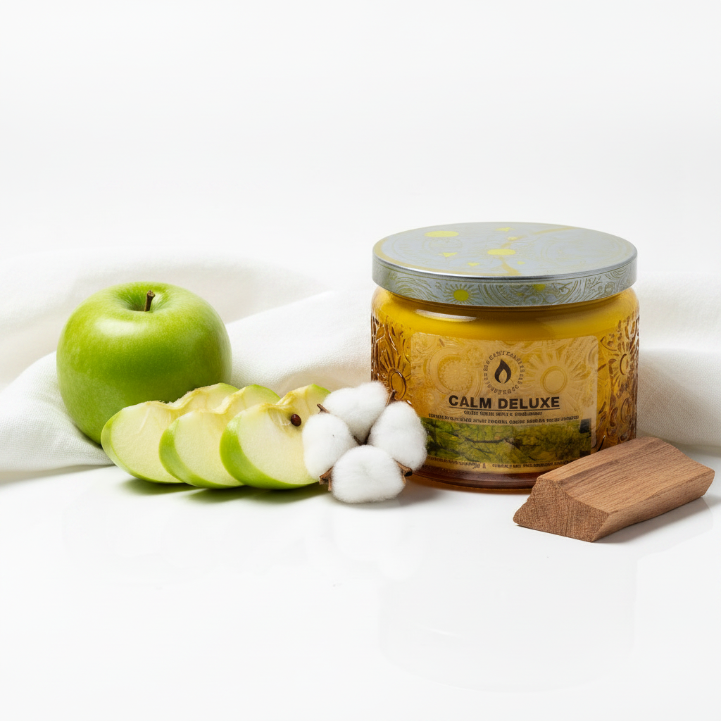 Calm Deluxe Luxe Candle - BLK OASIS CANDLES - Calm Deluxe Luxe coconut-soy wood wick candle, hand-poured luxury home fragrance. Vegan, paraben & phthalate free.  4 ounce glass jar with crisp linen, apple, and sandalwood on a white table background.